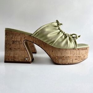Sam Edelman Cork Platform Slip-On Sandals, Green Satin & Cork, EUC Size 9